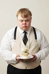 Portret mężczyzny z zespołem Downa, który spełnił swoje marzenie zostając kelnerem. Wygenerowano Ai - obrazy, fototapety, plakaty