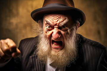 Dramatic portrait featuring an elderly rabbi with intense expression of anger and aggression, captivating authenticity. Generative AI