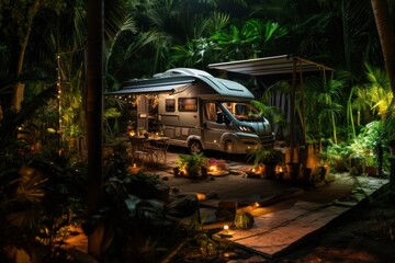 Motorhome in a vegetable garden with coconut trees, grills and fairy lights. - obrazy, fototapety, plakaty