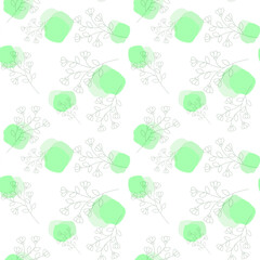 Abstract seamless pattern. contours of green branches with flowers and leaves on a light background with green elements. aesthetic outline. Great design for social networks, postcards, print. 