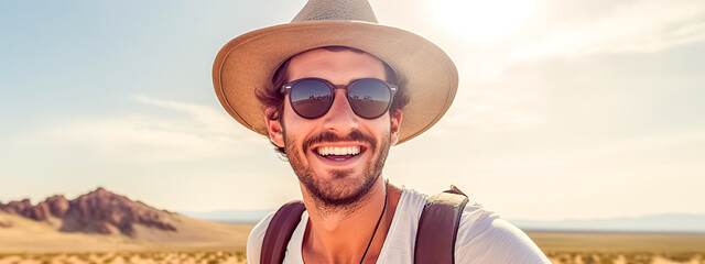 happy male tourist in sunglasses and hat taking selfie in nature, banner made with Generative AI