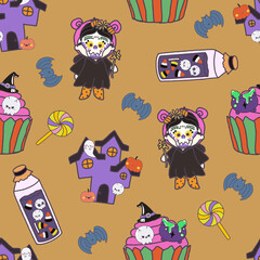 Seamless Halloween pattern. digital clipart illustration of Halloween party.witch,monster, ghost, bat, black cat and pumpkin. doodle character cartoon repeat pattern.