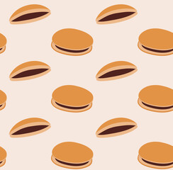 Dorayaki seamless pattern. Traditional japanese dessert. Asian sweet food. Whole pancakes and halves on beige background. Vector illustration.