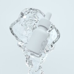 An image of a cosmetic container and a stream of water. ample or serum bottle mock up.
