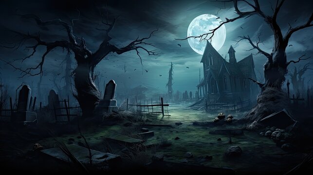 Halloween illustration of a spooky haunted house in a dark and misty landscape. Moonlight casts an eerie glow on the creepy graveyard and silhouette of a witch. Concept of horror and mystery.