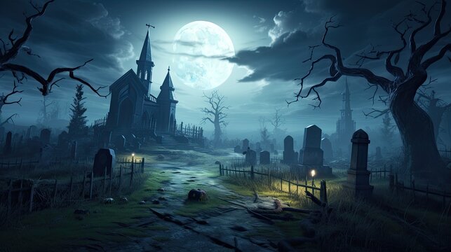 scary Halloween illustration of spooky graveyard with gnarled trees and full moon in night sky. Silhouettes of gravestones and a haunted house add to creepy atmosphere. Concept of horror and darkness.