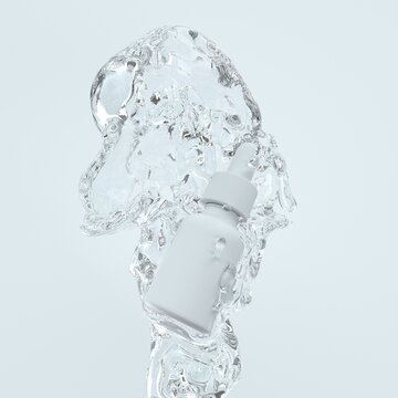 An image of a cosmetic container and a stream of water. ample or serum bottle mock up.
