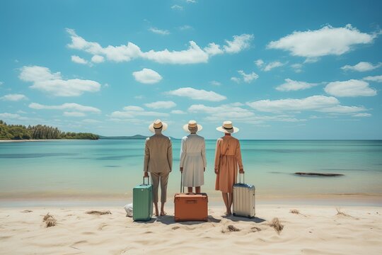 women friends with luggage on the beach, generative ai