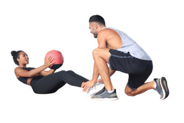 Trainer helping young woman to do abdominal exercises on a transparent background