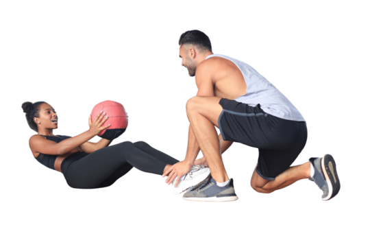 Trainer helping young woman to do abdominal exercises on a transparent background