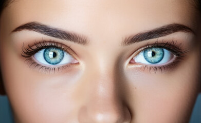 Naklejka premium Young beautiful woman with blue eyes, closeup detail to her face, both iris visible. Generative AI