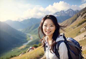 Beautiful smile attractive asian women in mountain hiking