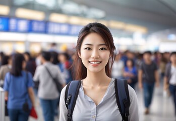Beautiful smile attractive asian women in the airpot with blurred crowd of people