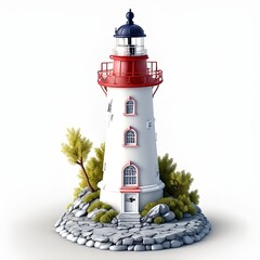 fantastic lighthouse on the island 3D on a white background generated ai