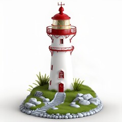 cartoon fantastic lighthouse 3D with light from the windows on a white background generated ai