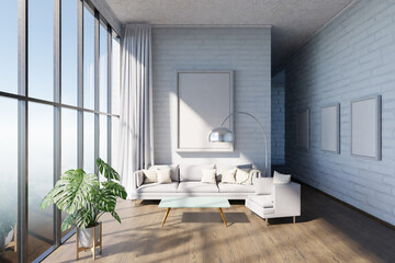 luxurious loft apartment with window; minimalistic interior living room design; 3D Illustration