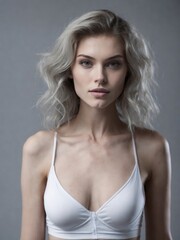 Graceful young woman in a white bra, posing on a serene grey studio backdrop, Generative AI
