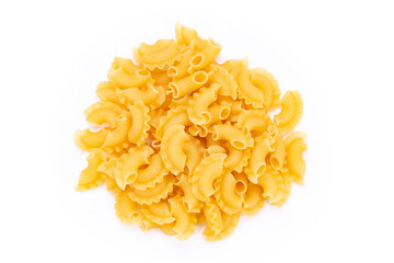 Dried macaroni cockerel scallops. Heap of pasta on white background.