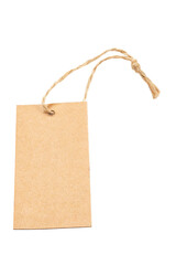 Brown cardboard label with slim rope isolated on white background. Price tag or address label on white background.