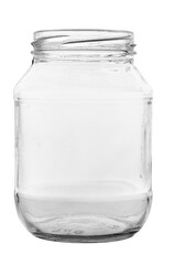 Open empty glass jar for food and canned food. Isolated on white background.