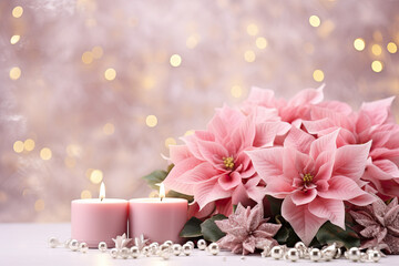 Fototapeta na wymiar Pink candles with pink poinsettias flowers