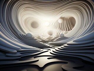 Abstract black and white background, futuristic room interior like a modern cave. visualization AI