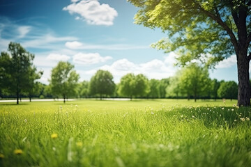 Obraz na płótnie Canvas Beautiful blurred background image of summer nature with a neatly trimmed lawn surrounded by trees