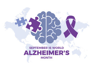 September is World Alzheimer's Month vector illustration. Purple awareness ribbon, human brain and puzzle piece icon vector. Person with Alzheimer's disease drawing. Mental health symbol