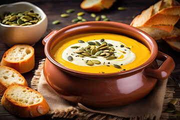 A bowl of creamy pumpkin soup