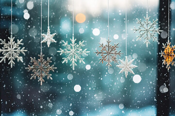Fototapeta na wymiar Crystal snowflake ornaments hanging in a window