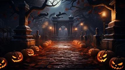 Fototapete Straße im Wald Halloween night scene background with castle with halloween pumpkin within flames in the graveyard and bats in the night, AI Generation