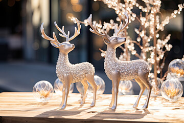 Crystal-encrusted reindeer figurines as part of a holiday display. 