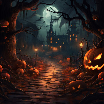 Halloween night scene background with castle with halloween pumpkin within flames in the graveyard and bats in the night, AI Generation
