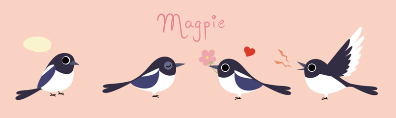Birds send flowers to show love. Cartoon magpie bird vector illustration.