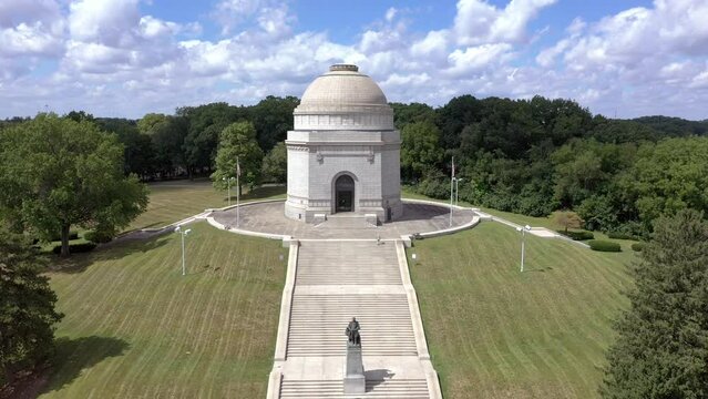 Drone view over the William McKinley National Memorial between fields and trees