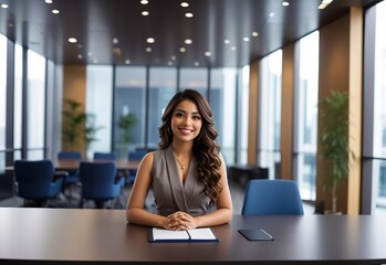 Fototapeta premium Beautiful smile attractive latina girl inside meeting room 