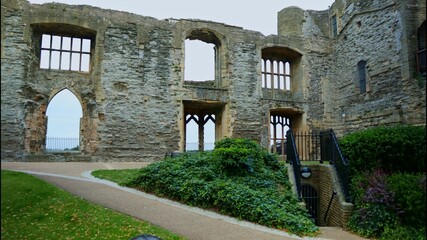 A grand stone staircase leading up to an ancient castle tower: Newark-Castle and Gardens
