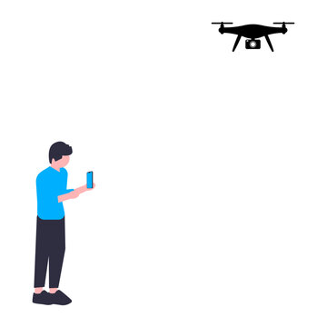 Vector Illustration of man with a smartphone in one hand and a drone hovering in the air