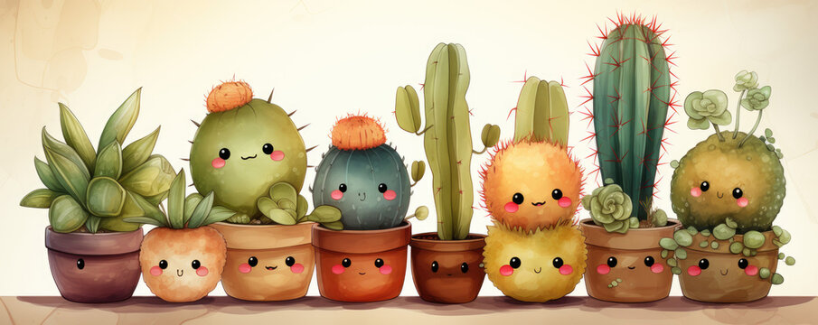 Cute cactus side by side in the style of watercolor on a white background wallpaper image
