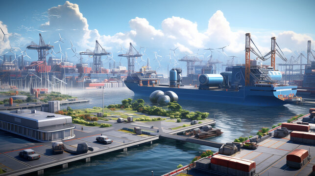 Craft an eco-friendly cargo port with solar panels, wind turbines, and rainwater harvesting systems, showcasing sustainability practices in the logistics industry." Generative AI