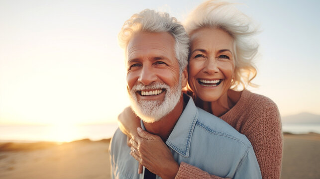 lachendes älteres Paar am Meer umarmt sich
