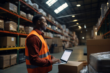 Fototapeta premium Worker with scanner making review of goods in warehouse. Generative AI.