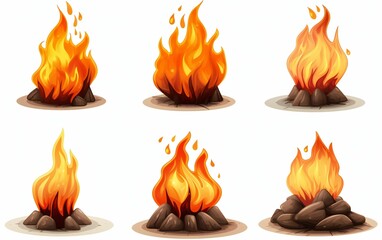 Digital illustration of a set of campfire icons on a white background