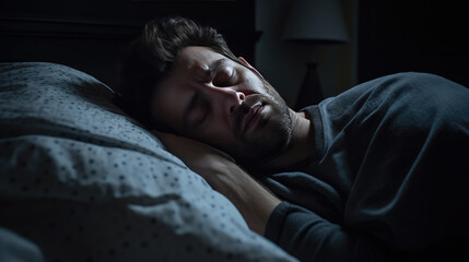 Fototapeta premium Depressed man lying in bed can't sleep late at morning with insomnia.