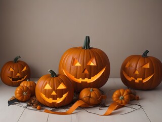 Group of Jack-o-Lanterns with Different Expressions on a Beige Background, Halloween Party decoration, Photo realistic Halloween Scene with Creepy Pumpkin Faces Generative AI