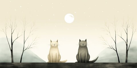 AI Generated. AI Generative. Vintage retro kids cartoon character cats sitting at moon and howling at night. Graphic Art