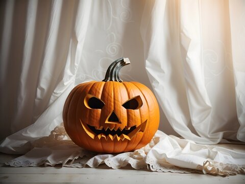 Photo realistic Halloween Scene with Creepy Pumpkin Face and White curtain background, Spooky Halloween Pumpkin Display with Autumn Leaves and white lace Generative AI