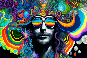 Fototapeta na wymiar A fantastic portrait of a hippie man with glasses. Psychedelic Poster. Interior, wall art. Modern graphics and painting. Fashionable illustration. Generative AI.