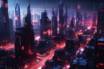 Futuristic city at night with neon lights