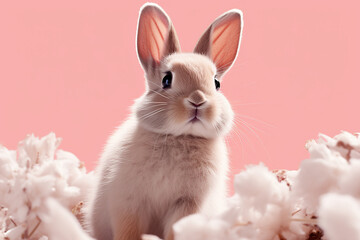 Close-up of a rabbit with cute eyes. pink background. Generative AI